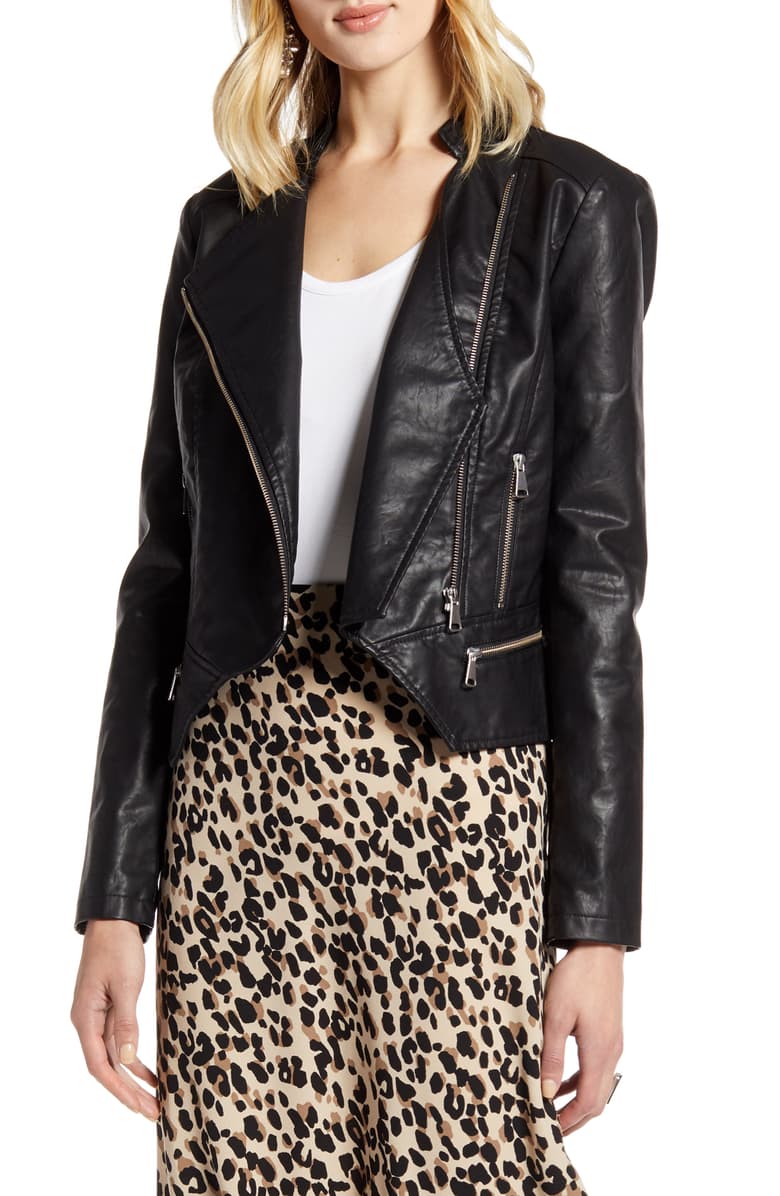 Peplum Faux Leather Moto Jacket HALOGEN®